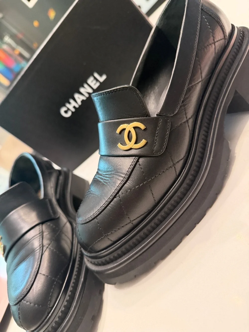 CHANEL Black Quilted Leather Platform Loafers with Gold CC Hardware - Picture 5 of 5